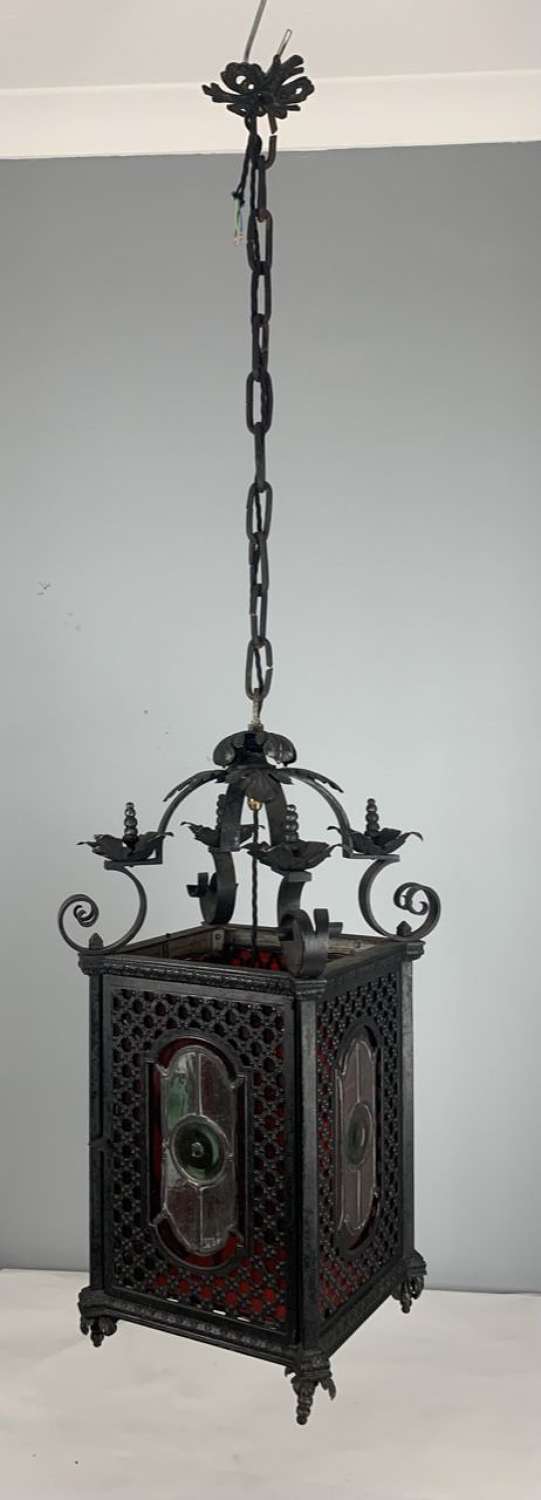 Victorian Stained Glass Wrought Iron Lantern, Rewired