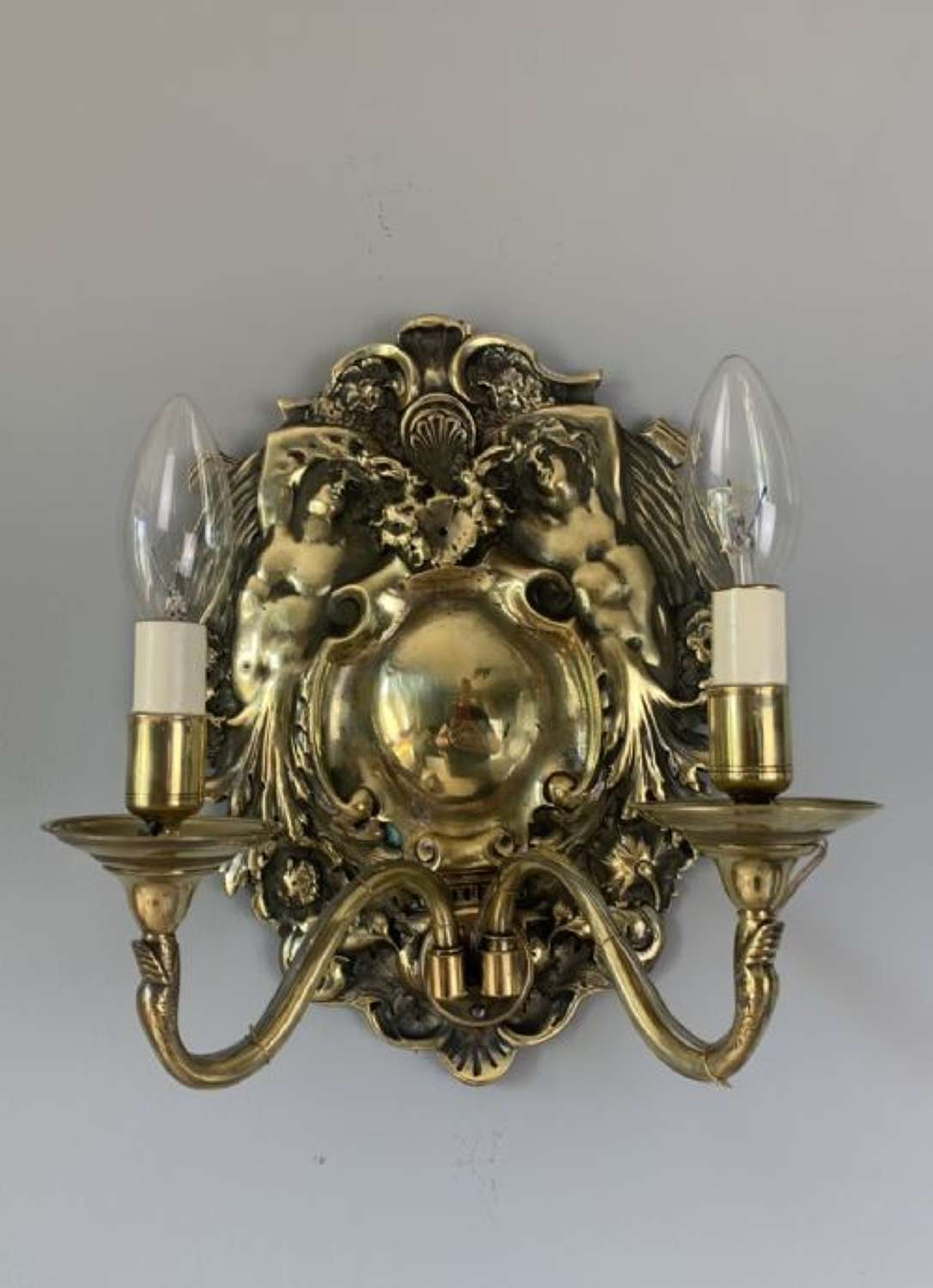 Single English Art Nouveau Brass Twin Arm Antique Wall Light, Rewired