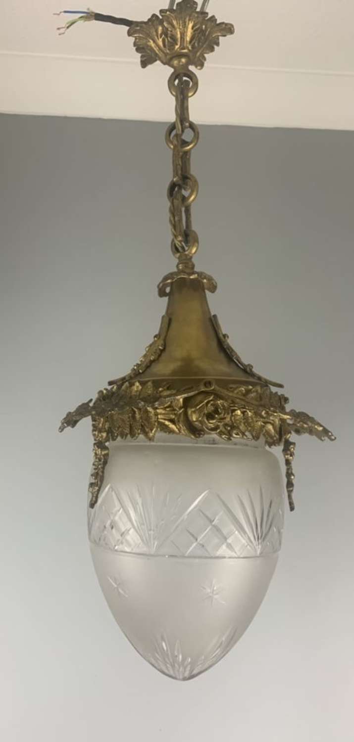 French Gilded Brass Hall Lantern, Ceiling Light, Original Shade, Rewir