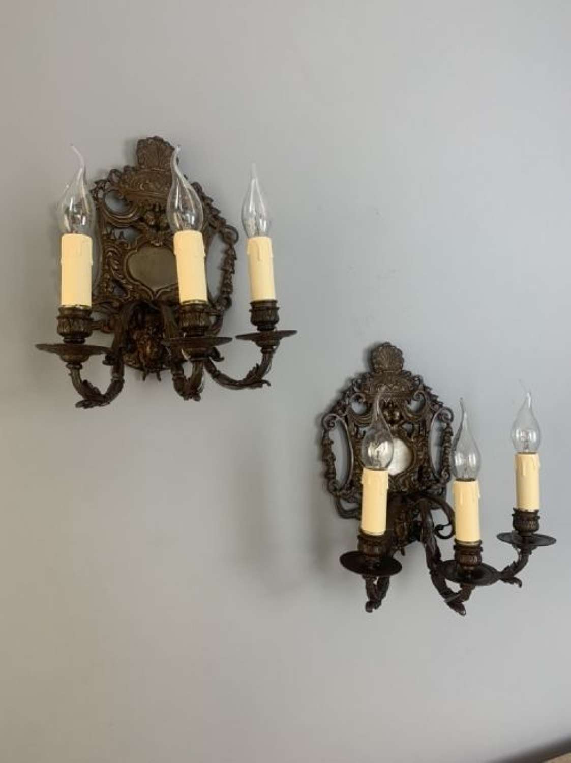 A Pair Of French Antique Wall Lights, Bronzed Brass, Rewired