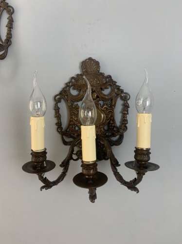A Pair Of French Antique Wall Lights, Bronzed Brass, Rewired