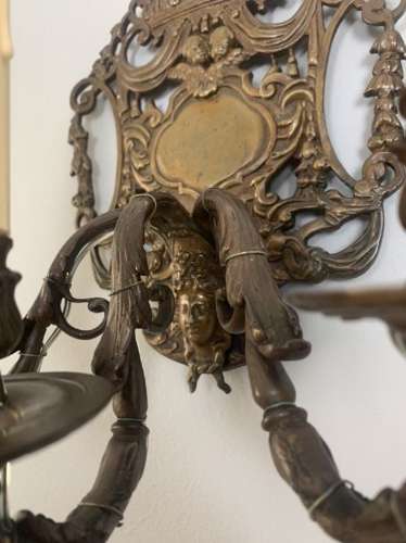 A Pair Of French Antique Wall Lights, Bronzed Brass, Rewired