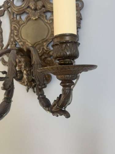 A Pair Of French Antique Wall Lights, Bronzed Brass, Rewired