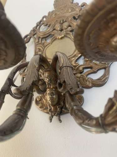 A Pair Of French Antique Wall Lights, Bronzed Brass, Rewired