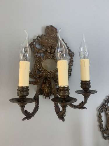 A Pair Of French Antique Wall Lights, Bronzed Brass, Rewired