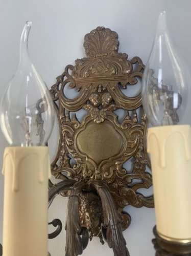 A Pair Of French Antique Wall Lights, Bronzed Brass, Rewired