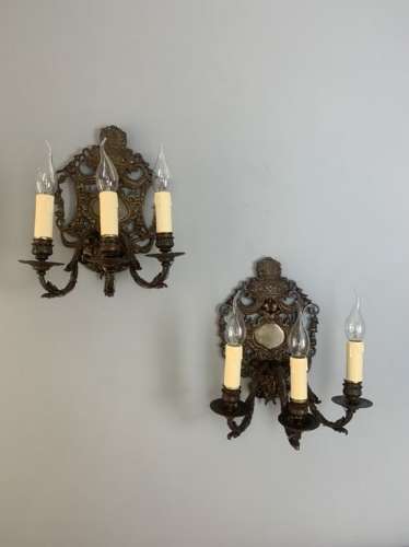 A Pair Of French Antique Wall Lights, Bronzed Brass, Rewired