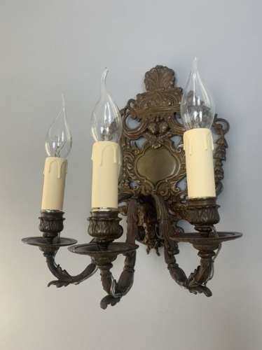 A Pair Of French Antique Wall Lights, Bronzed Brass, Rewired