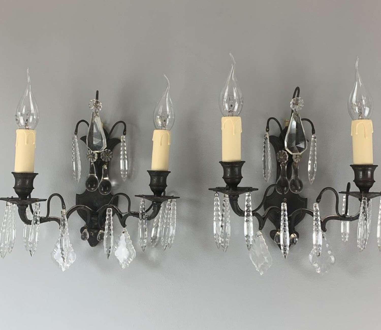 French Bronzed Crystal & Glass Pair Of Antique Wall Lights, Rewired
