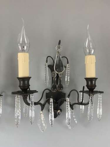 French Bronzed Crystal & Glass Pair Of Antique Wall Lights, Rewired