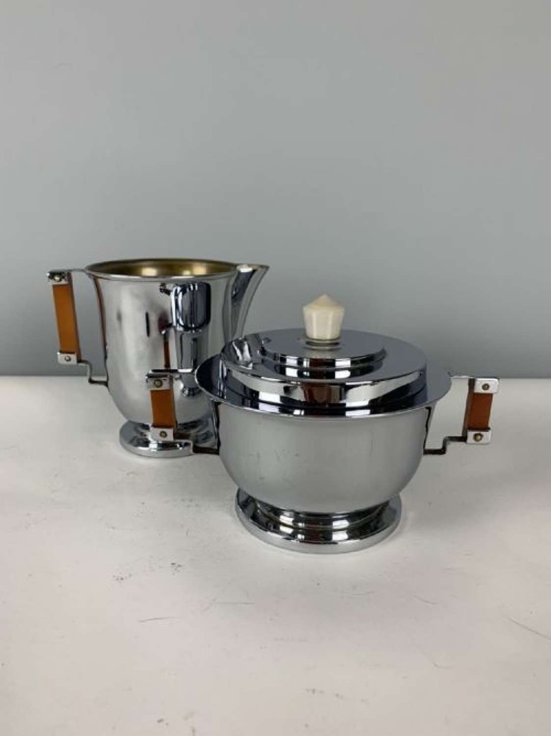 Art Deco Chrome Milk & Sugar Bowl With Bakelite Hands, C1930