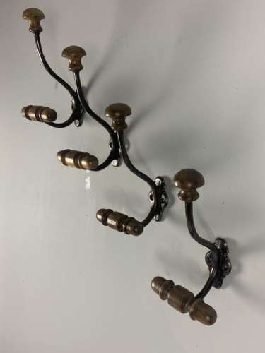 C1900 Set Of 4 French Iron %26 Wood Coat Hooks