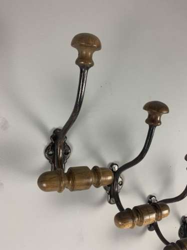 C1900 Set Of 4 French Iron %26 Wood Coat Hooks