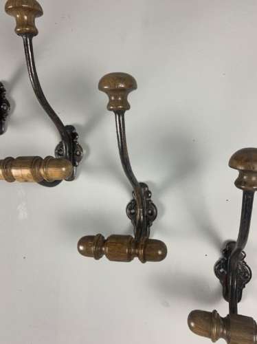 C1900 Set Of 4 French Iron %26 Wood Coat Hooks