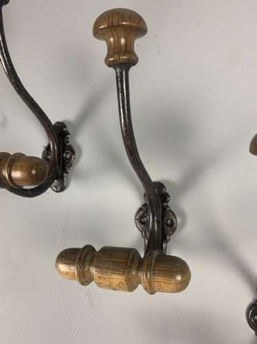 C1900 Set Of 4 French Iron %26 Wood Coat Hooks
