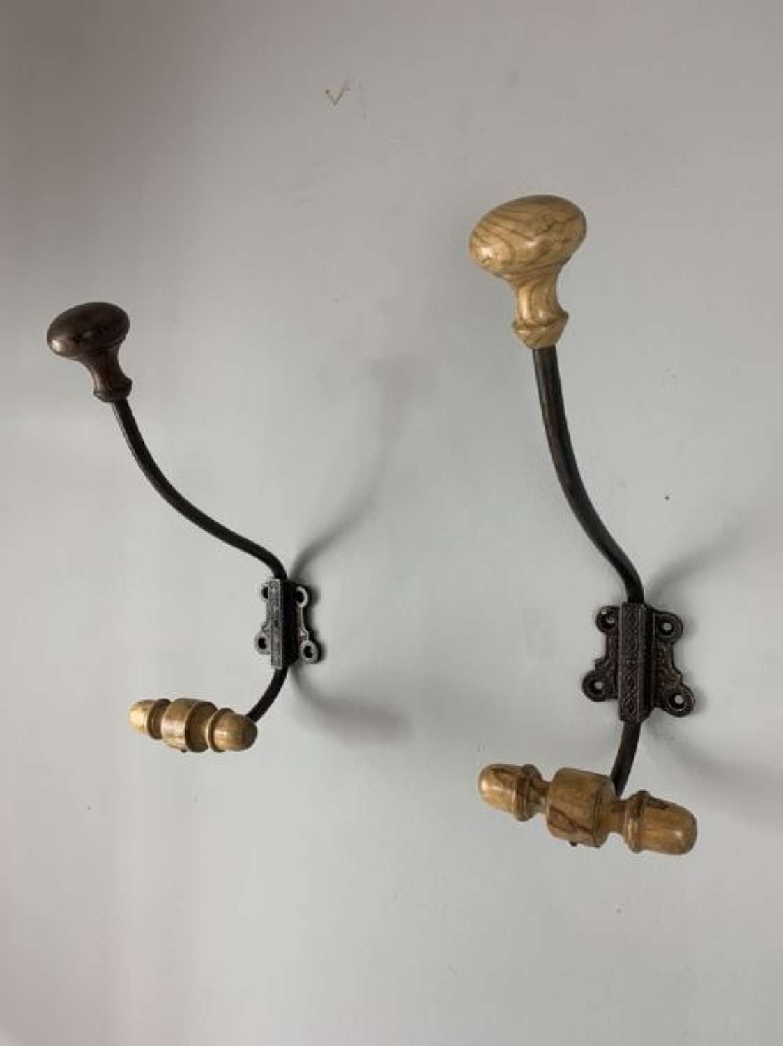 Pair Of Large French Wood And Steel Coat Hooks
