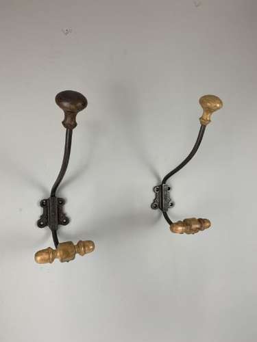 Pair Of Large French Wood And Steel Coat Hooks