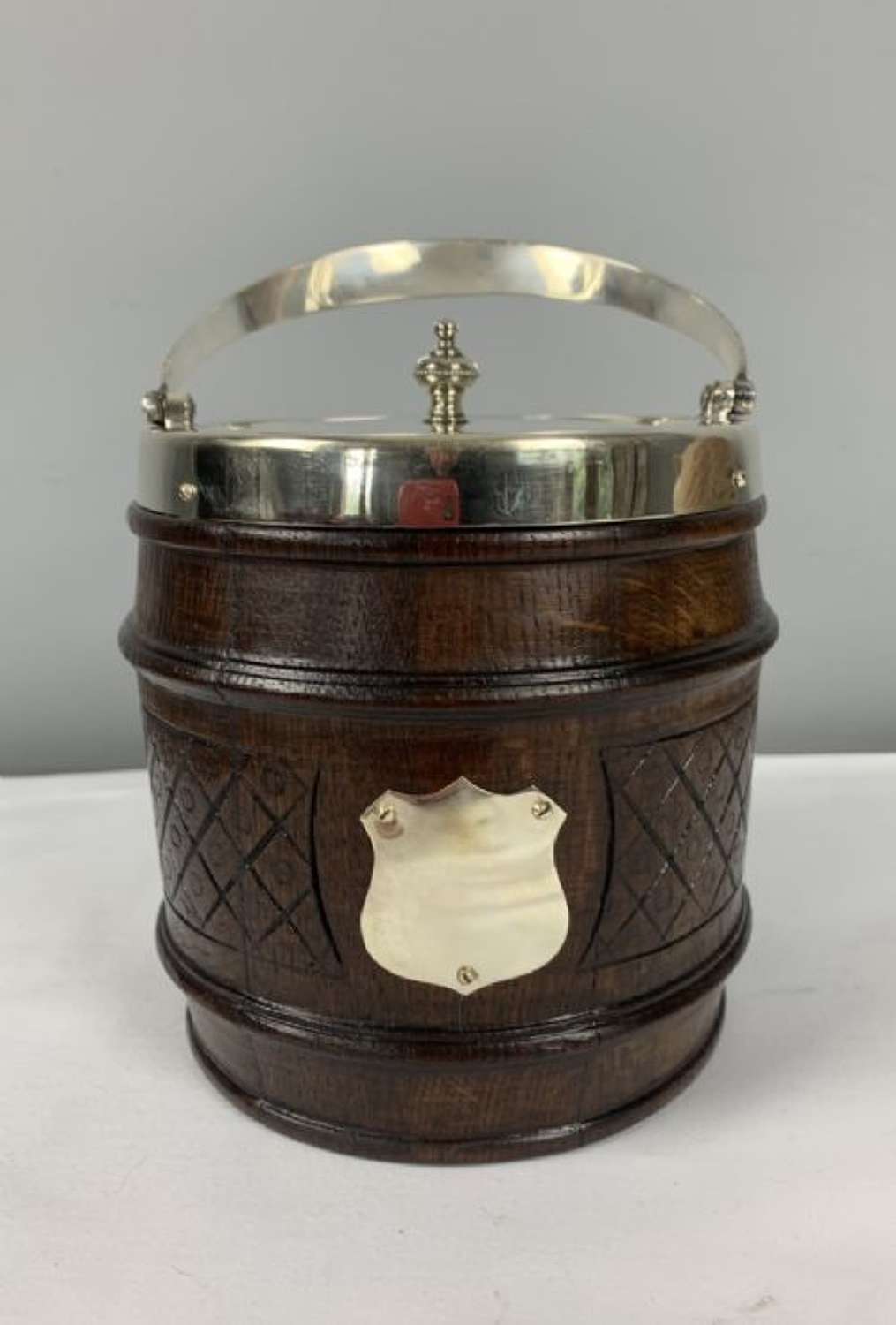 English Oak And Silver Plated Biscuit Barrel