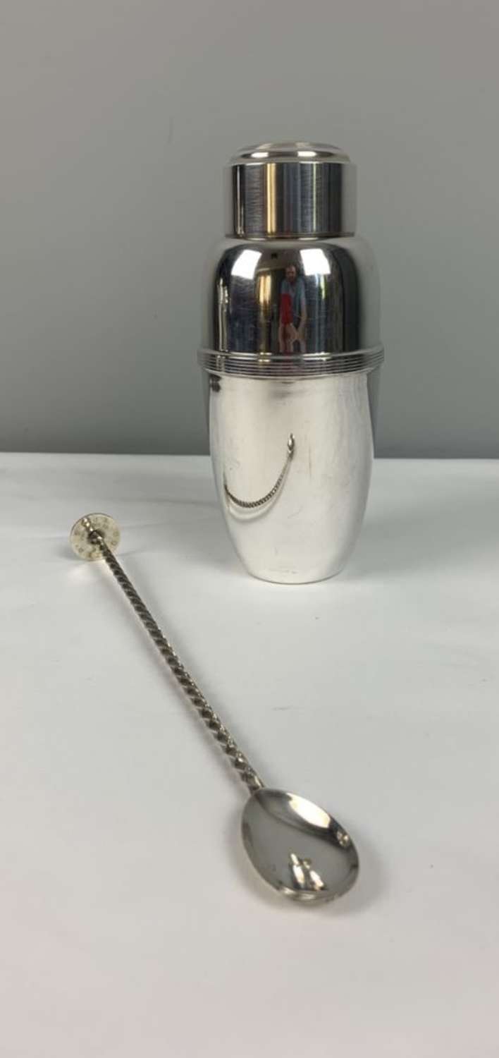 Art Deco 2 Piece Silver Plated Cocktail Shaker & Stirring Spoon