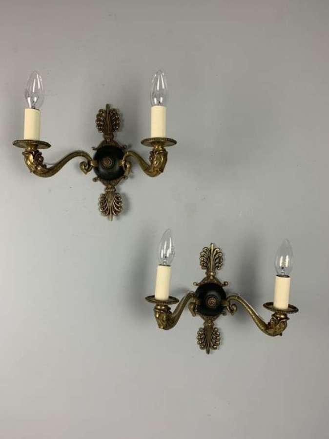 Pair Of French Empire Brass Antique Wall Lights, Rewired