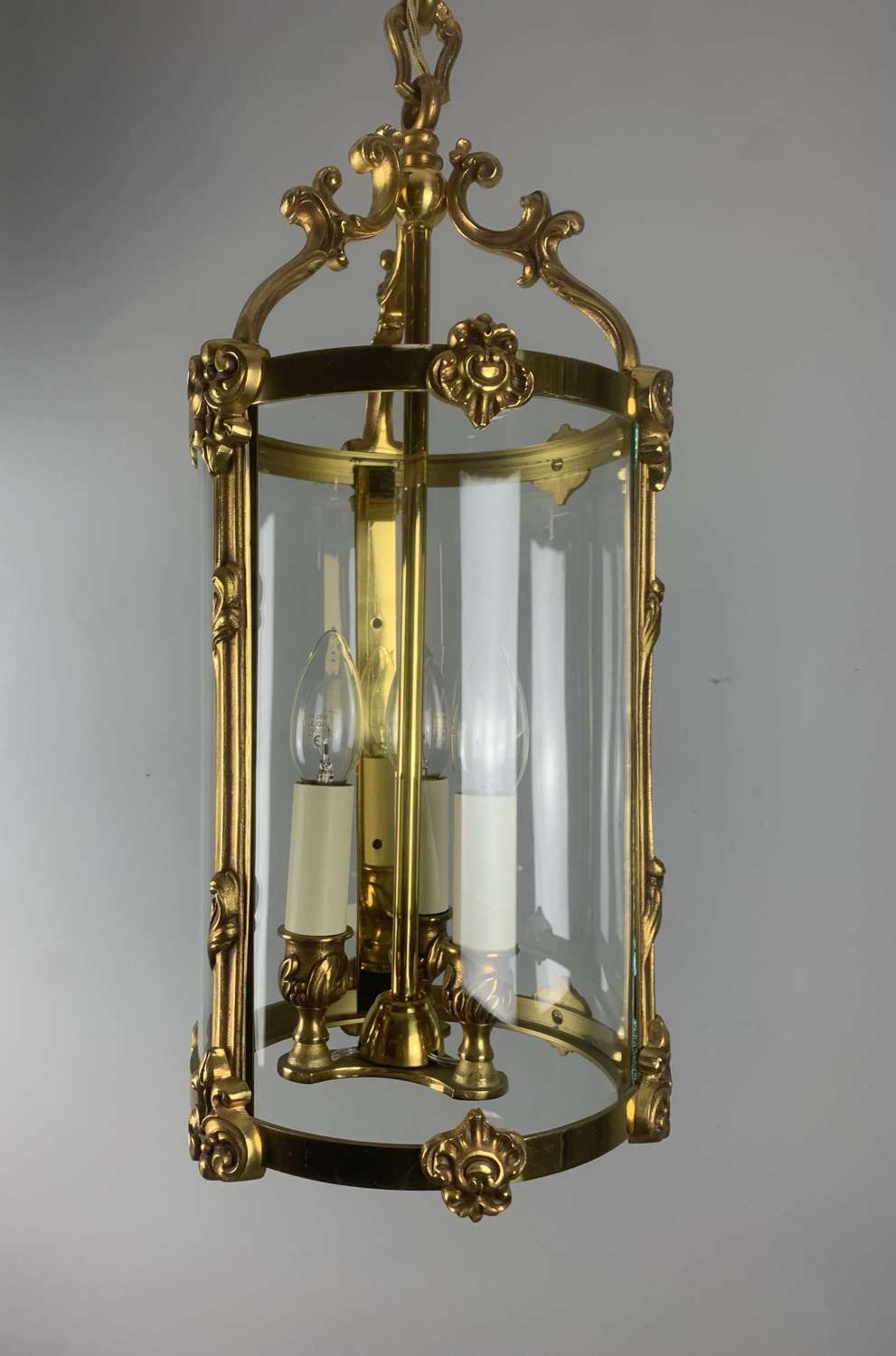 French Triple Light Gilded Bronze Antique Hall Lantern, Rewired