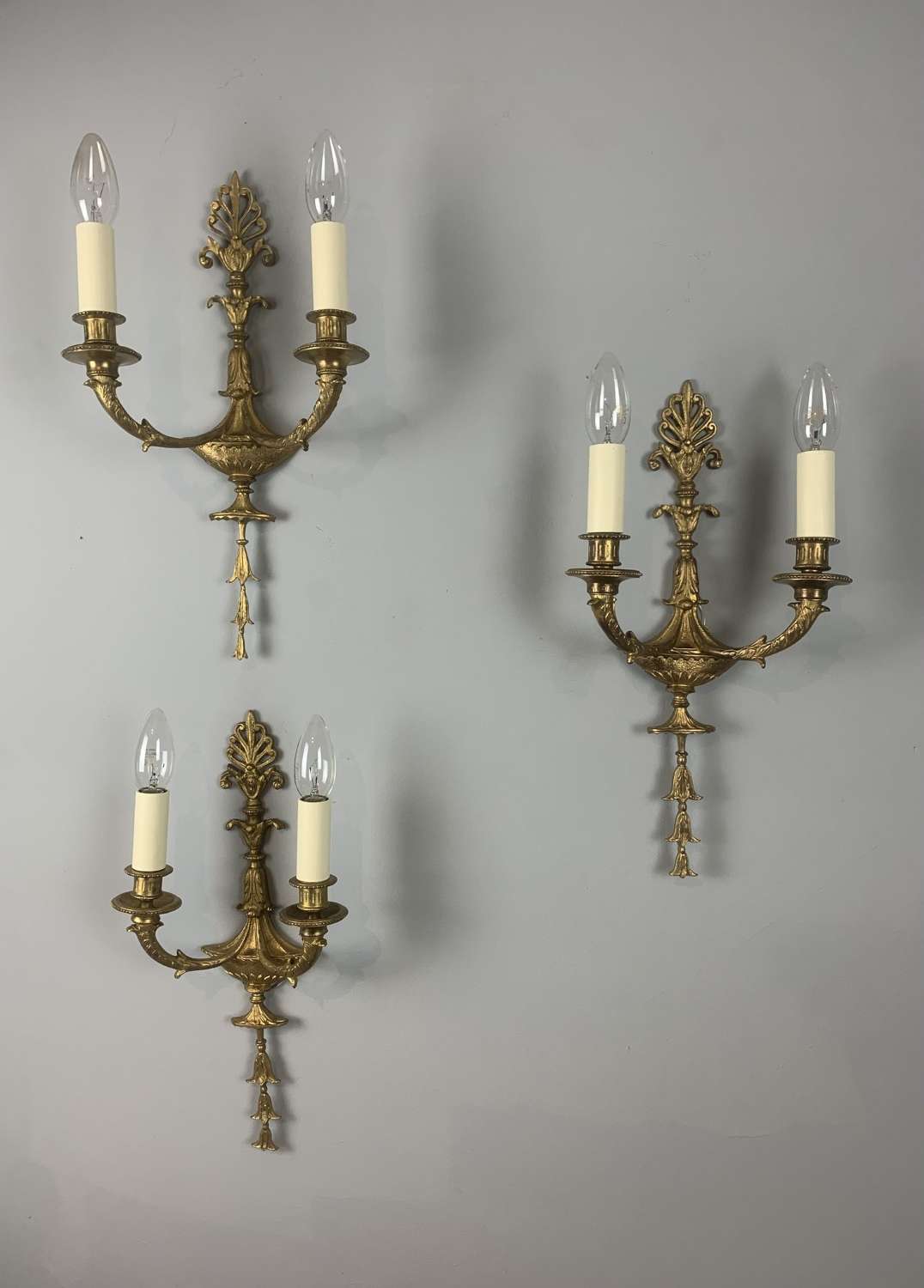 French Set Of Three Twin Arm Antique Wall Lights, Rewired