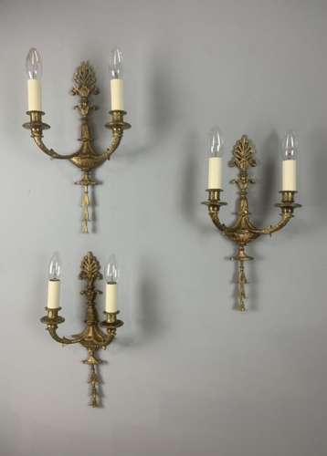 French Set Of Three Twin Arm Antique Wall Lights, Rewired
