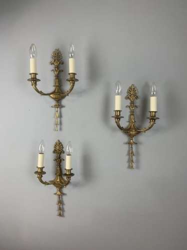 French Set Of Three Twin Arm Antique Wall Lights, Rewired