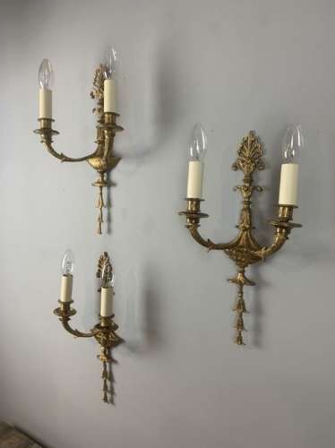 French Set Of Three Twin Arm Antique Wall Lights, Rewired