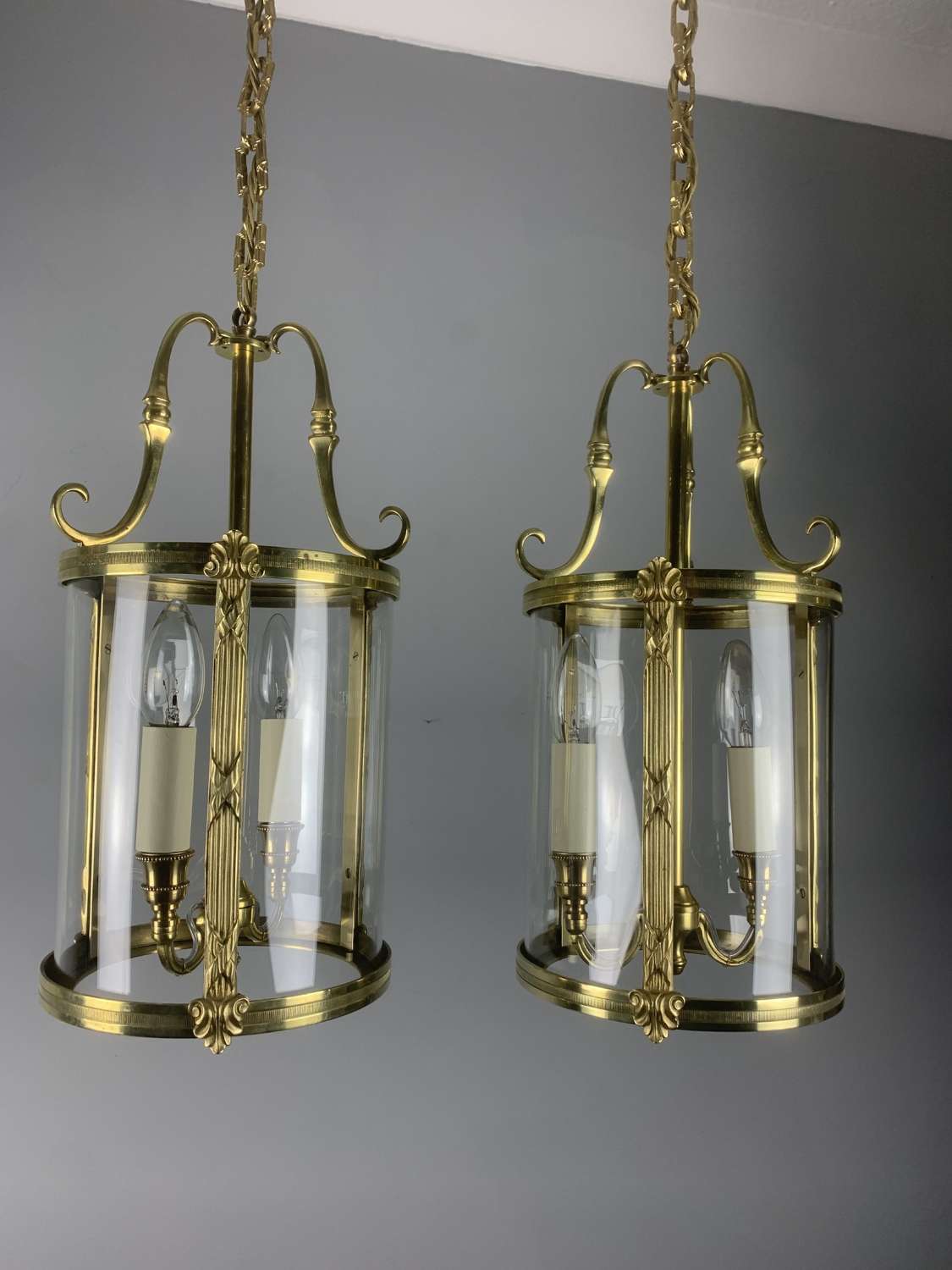 Pair Of French Polished Brass Twin Light Convex Lanterns, Rewired