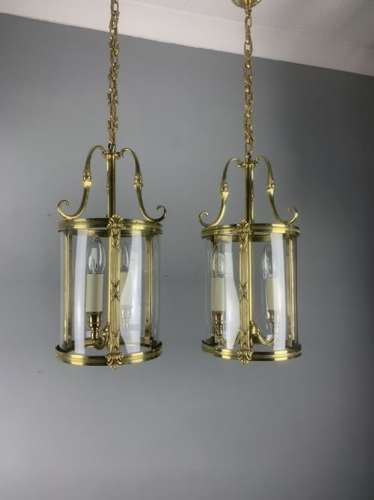 Pair Of French Polished Brass Twin Light Convex Lanterns, Rewired