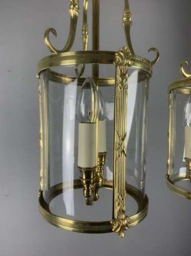 Pair Of French Polished Brass Twin Light Convex Lanterns, Rewired