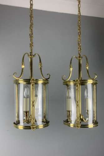 Pair Of French Polished Brass Twin Light Convex Lanterns, Rewired