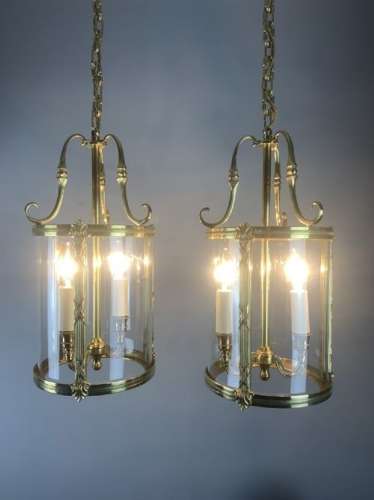 Pair Of French Polished Brass Twin Light Convex Lanterns, Rewired
