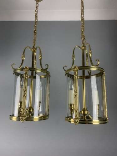 Pair Of French Polished Brass Twin Light Convex Lanterns, Rewired