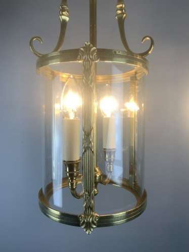 Pair Of French Polished Brass Twin Light Convex Lanterns, Rewired