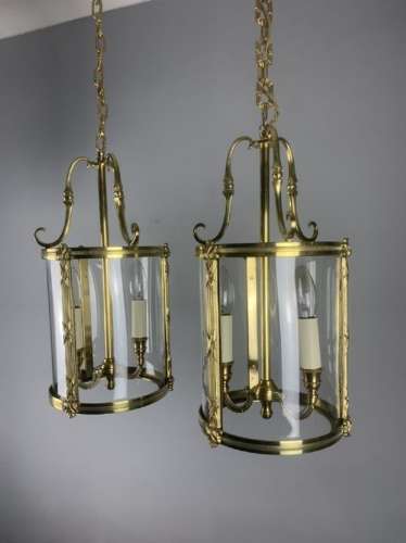 Pair Of French Polished Brass Twin Light Convex Lanterns, Rewired