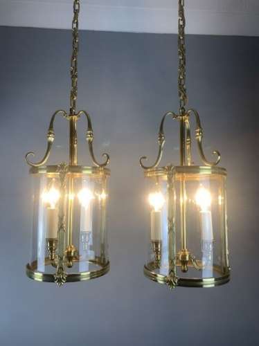 Pair Of French Polished Brass Twin Light Convex Lanterns, Rewired