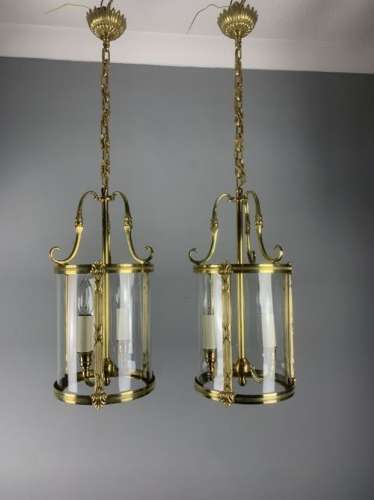 Pair Of French Polished Brass Twin Light Convex Lanterns, Rewired