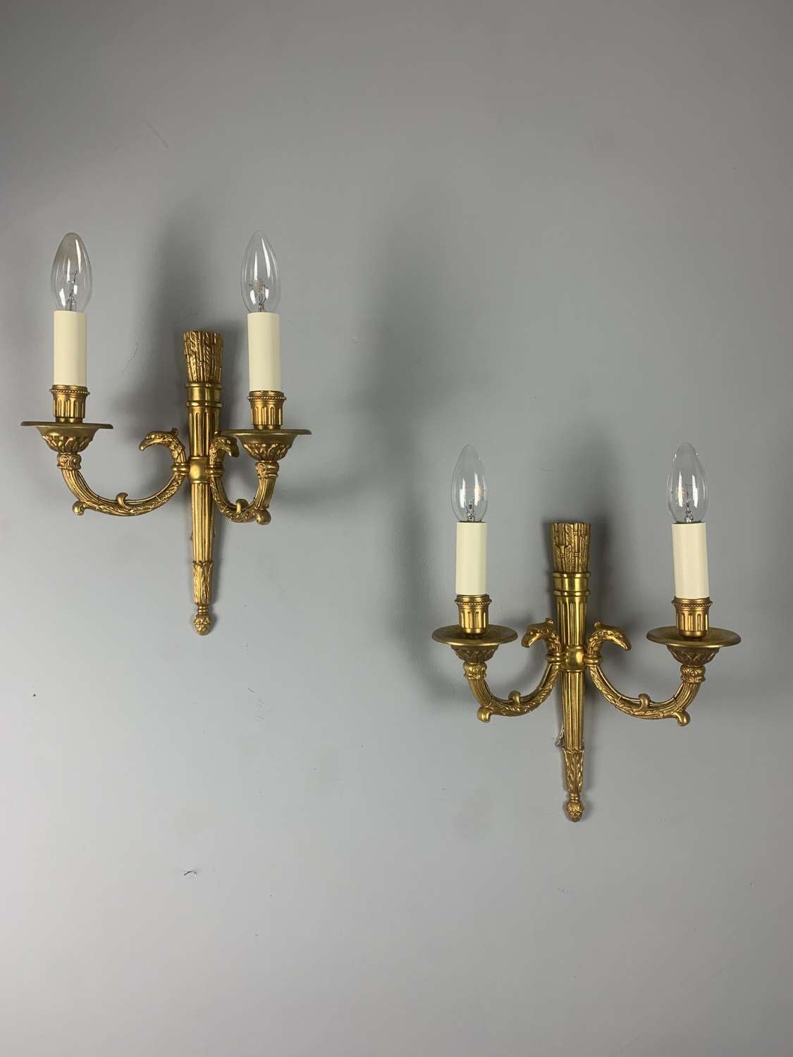 Pair Of French Empire Gilt Brass Antique Wall Lights, Rewired
