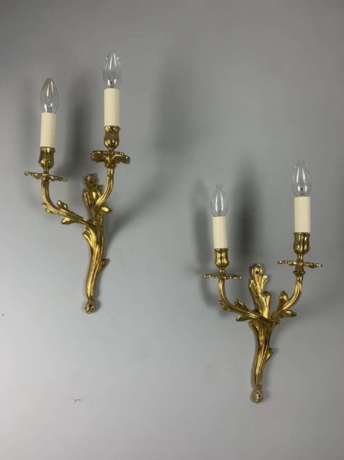 Pair Of French Gold Plated Brass Antique Wall Lights, Rewired