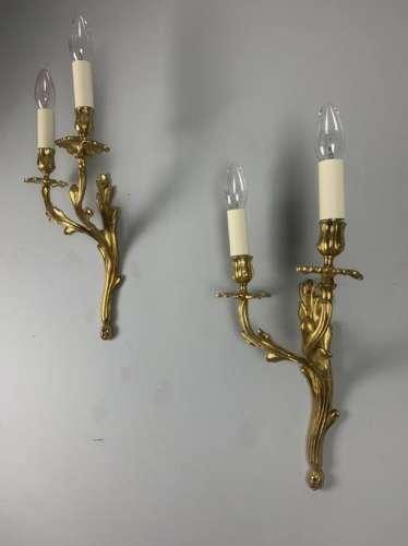 Pair Of French Gold Plated Brass Antique Wall Lights, Rewired