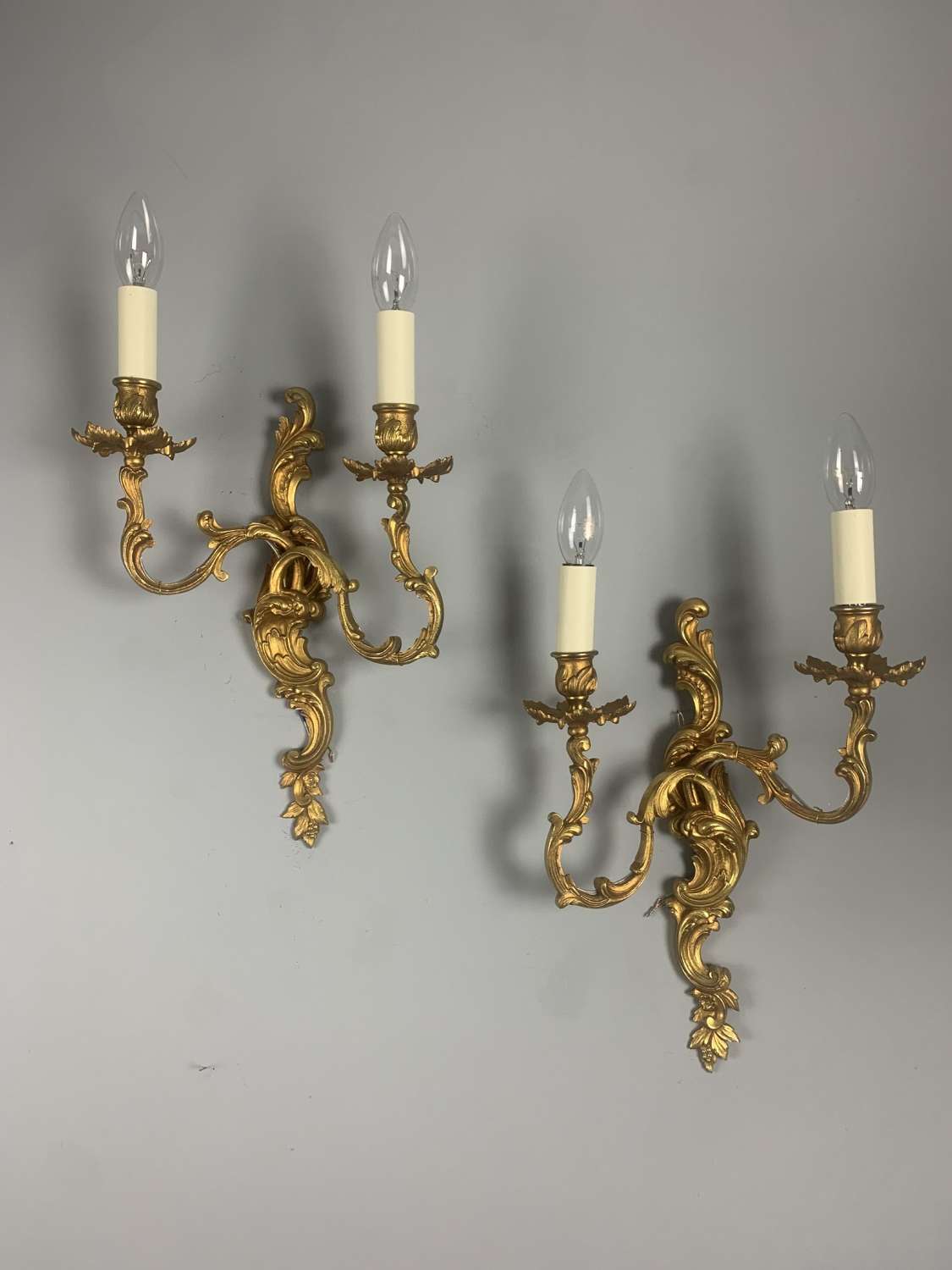 Pair Of Ornate French Gilt Brass Wall Lights, Rewired