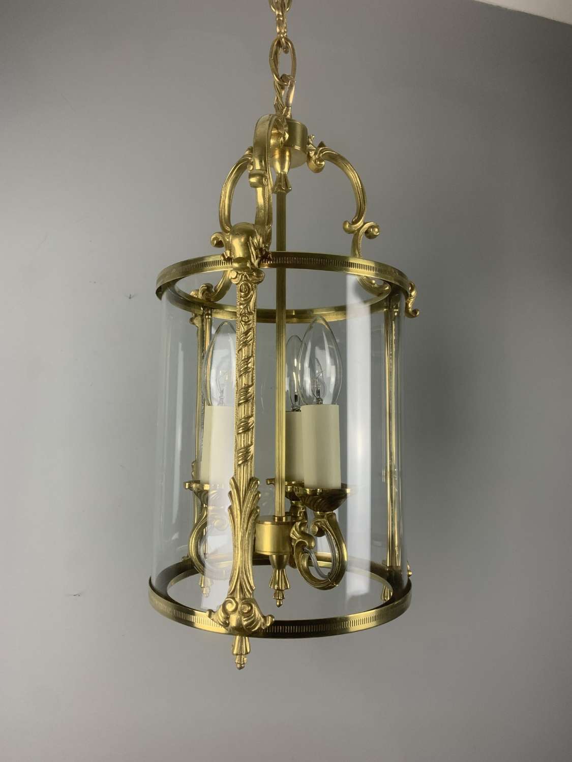 French Ornate Brass Triple Light Lantern, Rewired