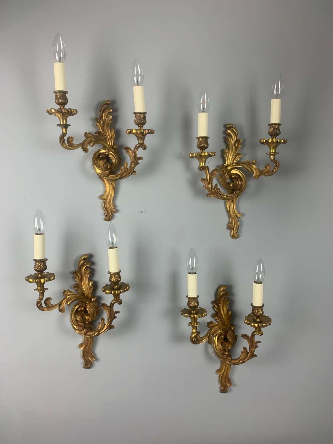 Set Of 4 French Gilt Bronze Antique Wall Lights, Rewired