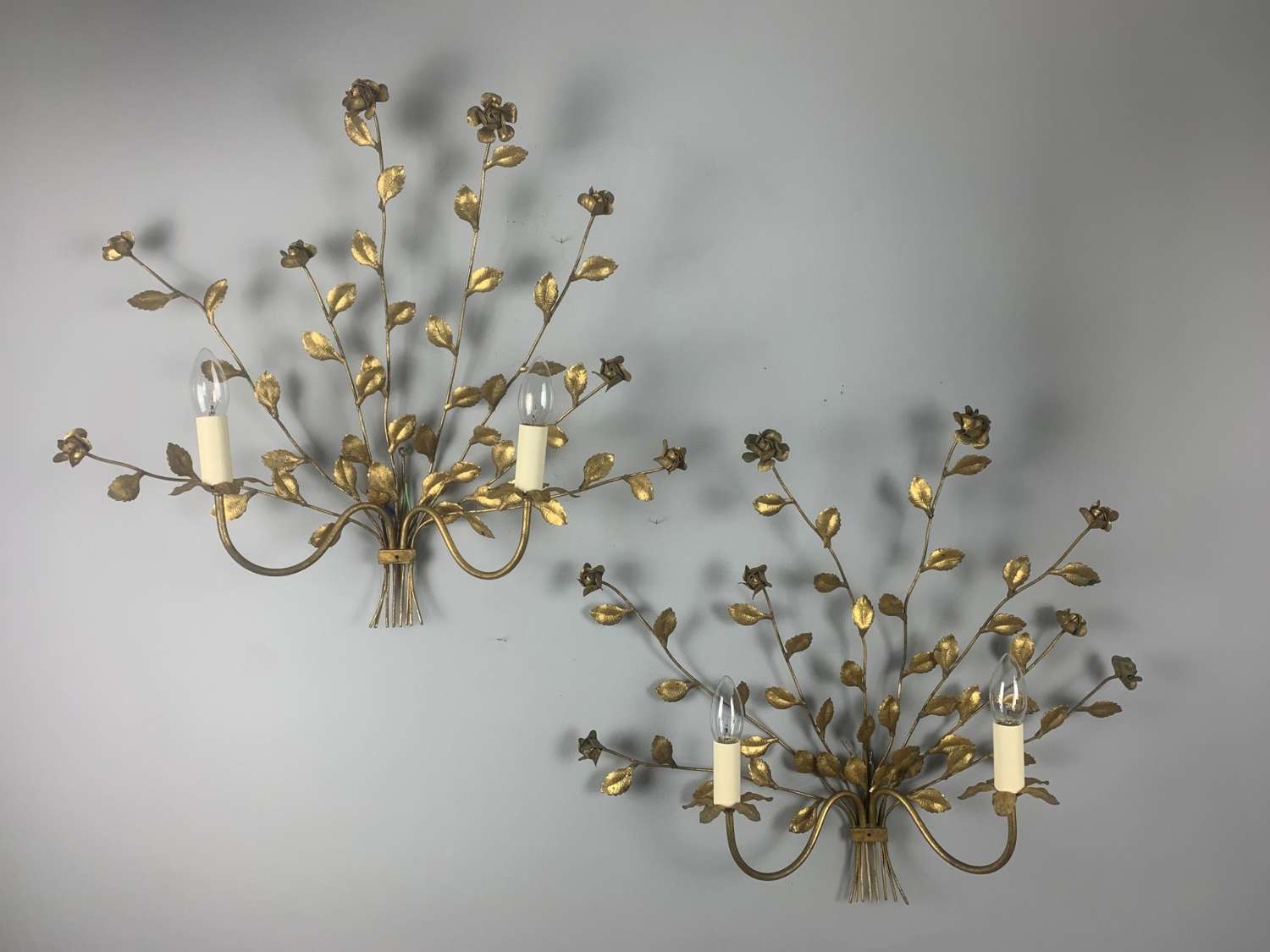 Pair Of Italian Toleware Gilt Brass Floral Wall Lights, Rewired