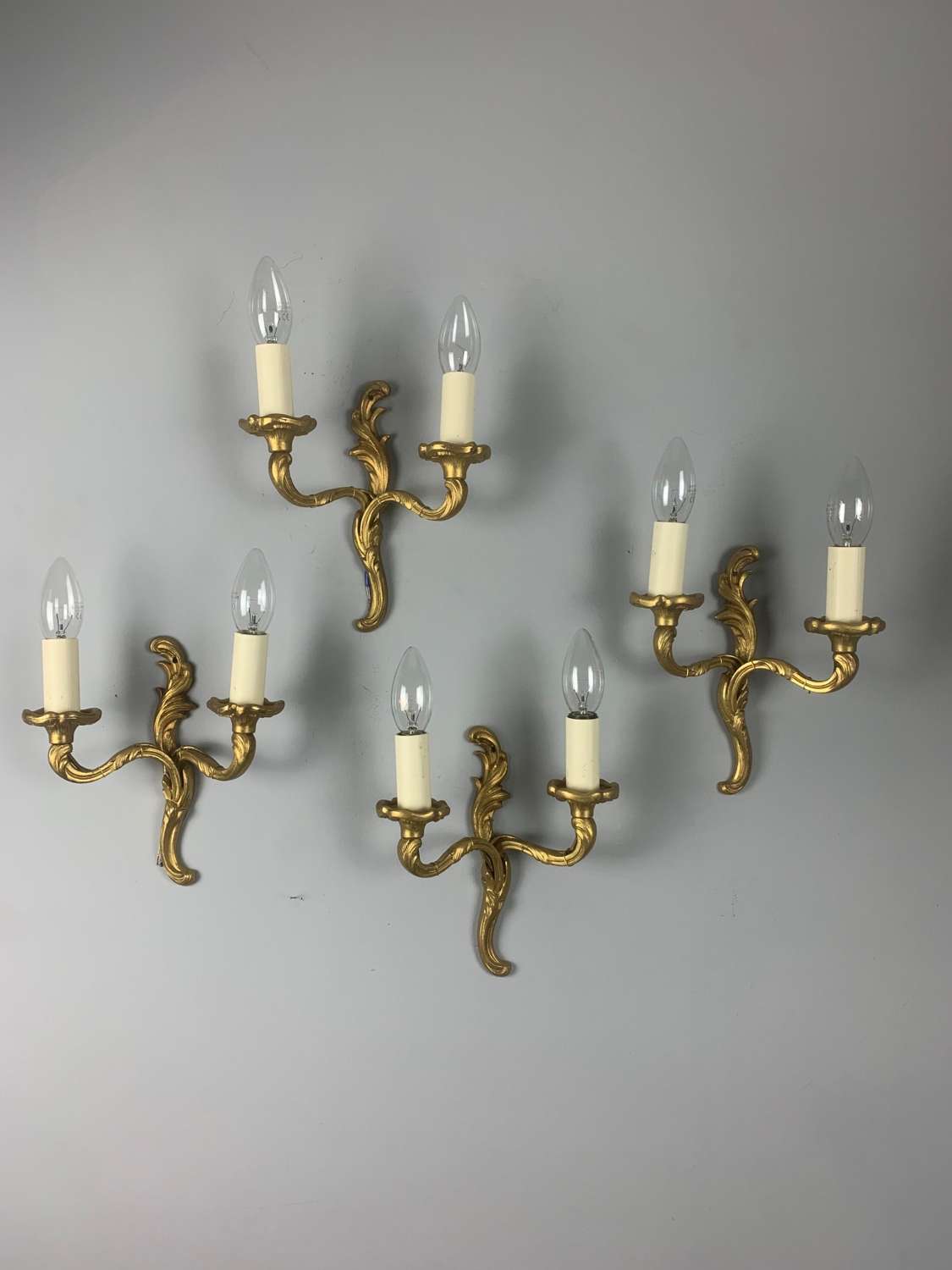 Set Of 4 Small French Gilt Brass Antique Wall Lights, Rewired