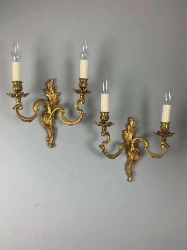 Pair Of French Gilt Brass Antique Wall Lights, Rewired