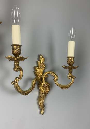 Pair Of French Gilt Brass Antique Wall Lights, Rewired