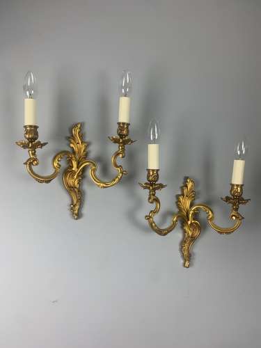 Pair Of French Gilt Brass Antique Wall Lights, Rewired